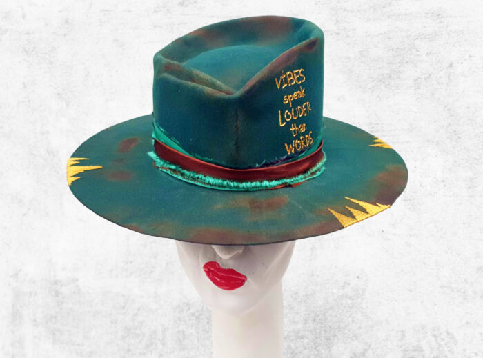 Green Felt Hat with gold stitches and personalized message