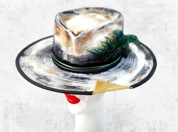 white premium felt hat handmade painted with gold accentes, cotton fabric and peacock feather