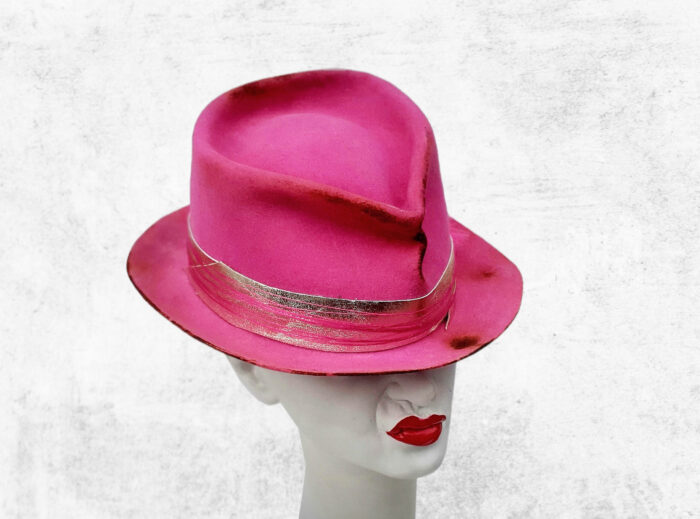 Pink Premium peachbloom felt wool hat with pink feather and natural silver leather