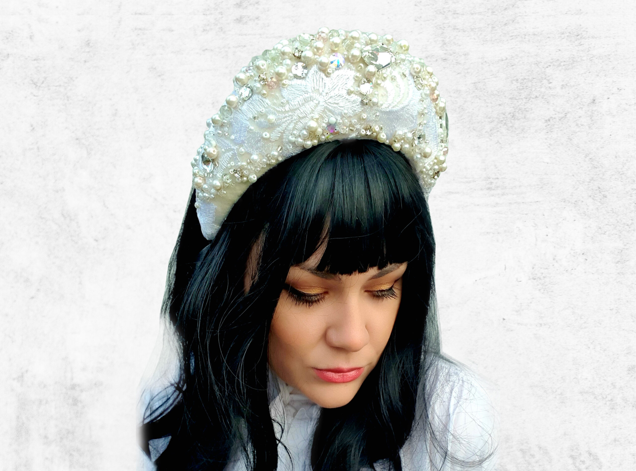 Wool HeadBand shrounded with floral lace and stitched with beads and swarovski cristals