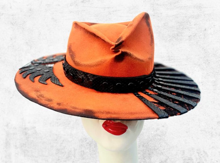 Orange Felt Hat with Black lace and Black Crocko leather - Burnt accents and handmade stitches