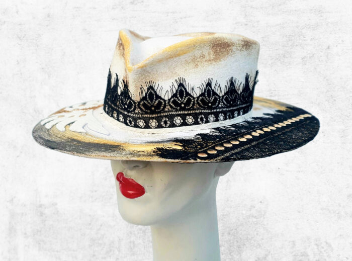 white painted wool Felt Hat with gold touches, black premium lace and white textured leather wings