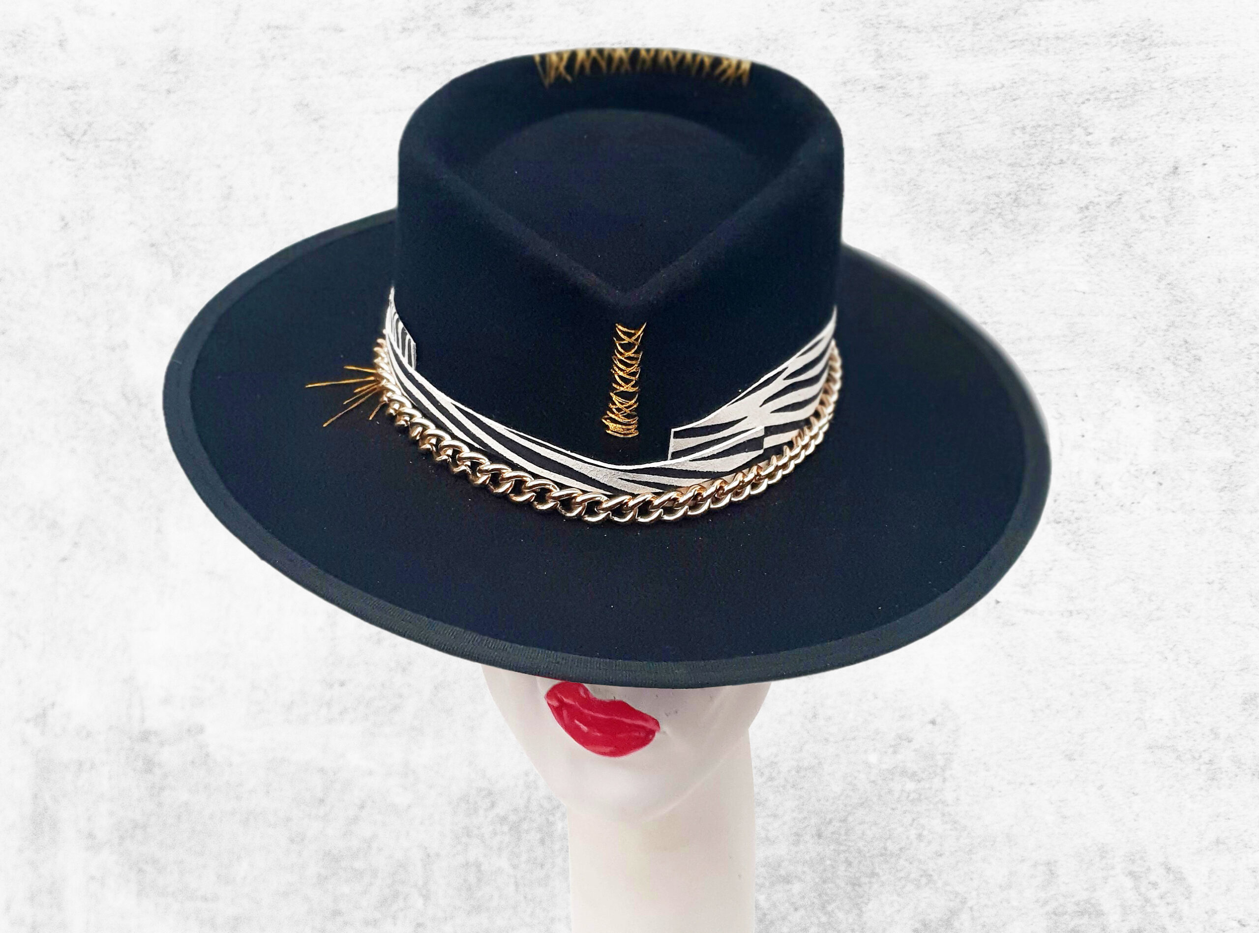 Black wool felt hat - custom handmade- unique model Gold touches, natural leather with black and white zebra details band. Premium Gold chain and gold stitches - all handmade in studio manufactured.