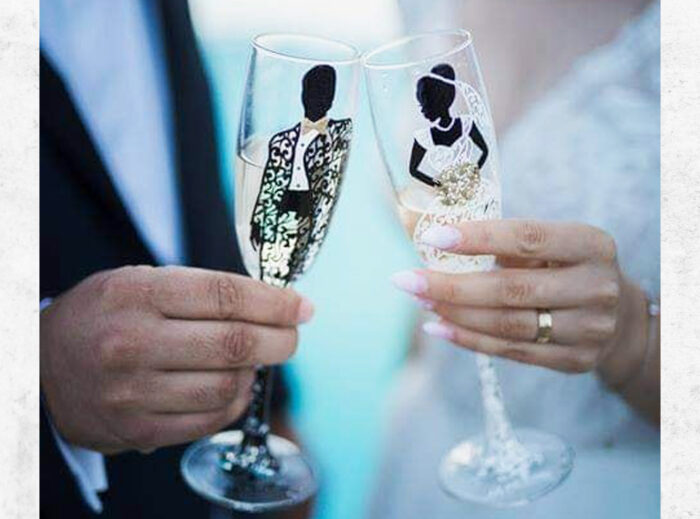 silhouette bride and groom wedding glasses painted with elegant lace details
