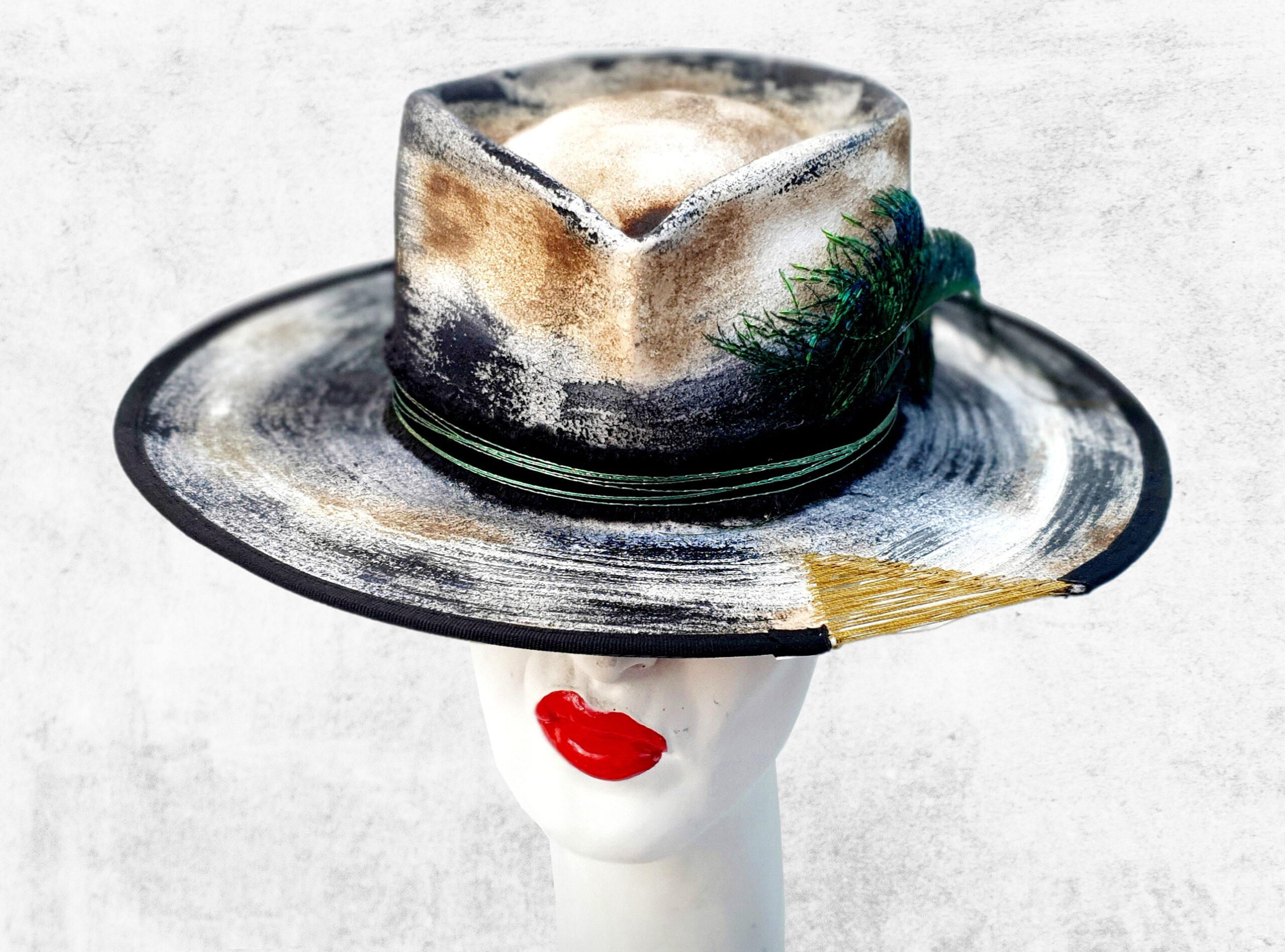 white premium felt hat handmade painted with gold accentes, cotton fabric and peacock feather