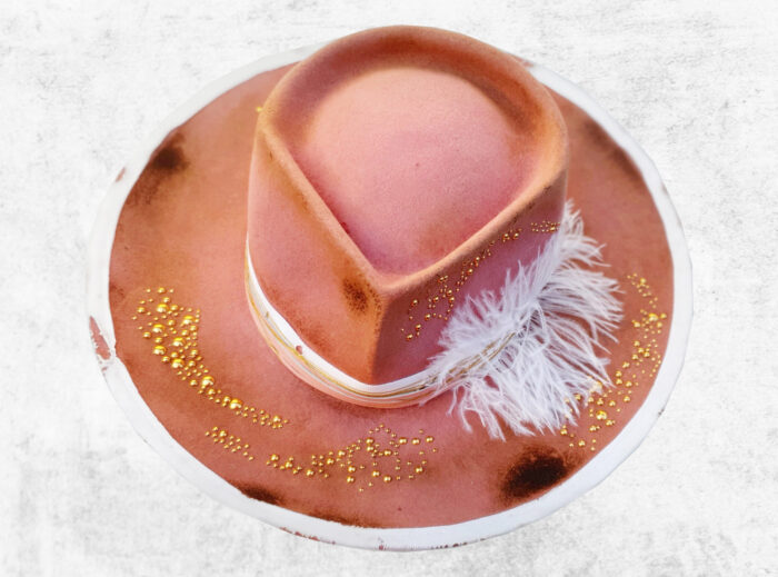 Brilliant Sparkling rhinestones on this burnt pink hat with white details - leather and cotton bands decor and white natural feather