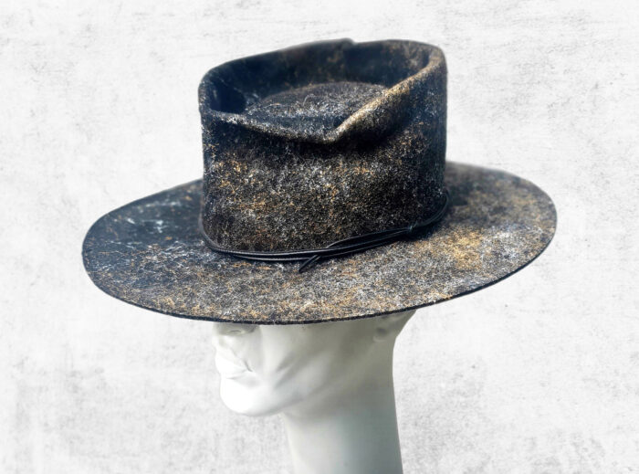 Black Wool Felt Hat with gold and silver painted with an unique tehnique. black natural leather string on the crown decoration