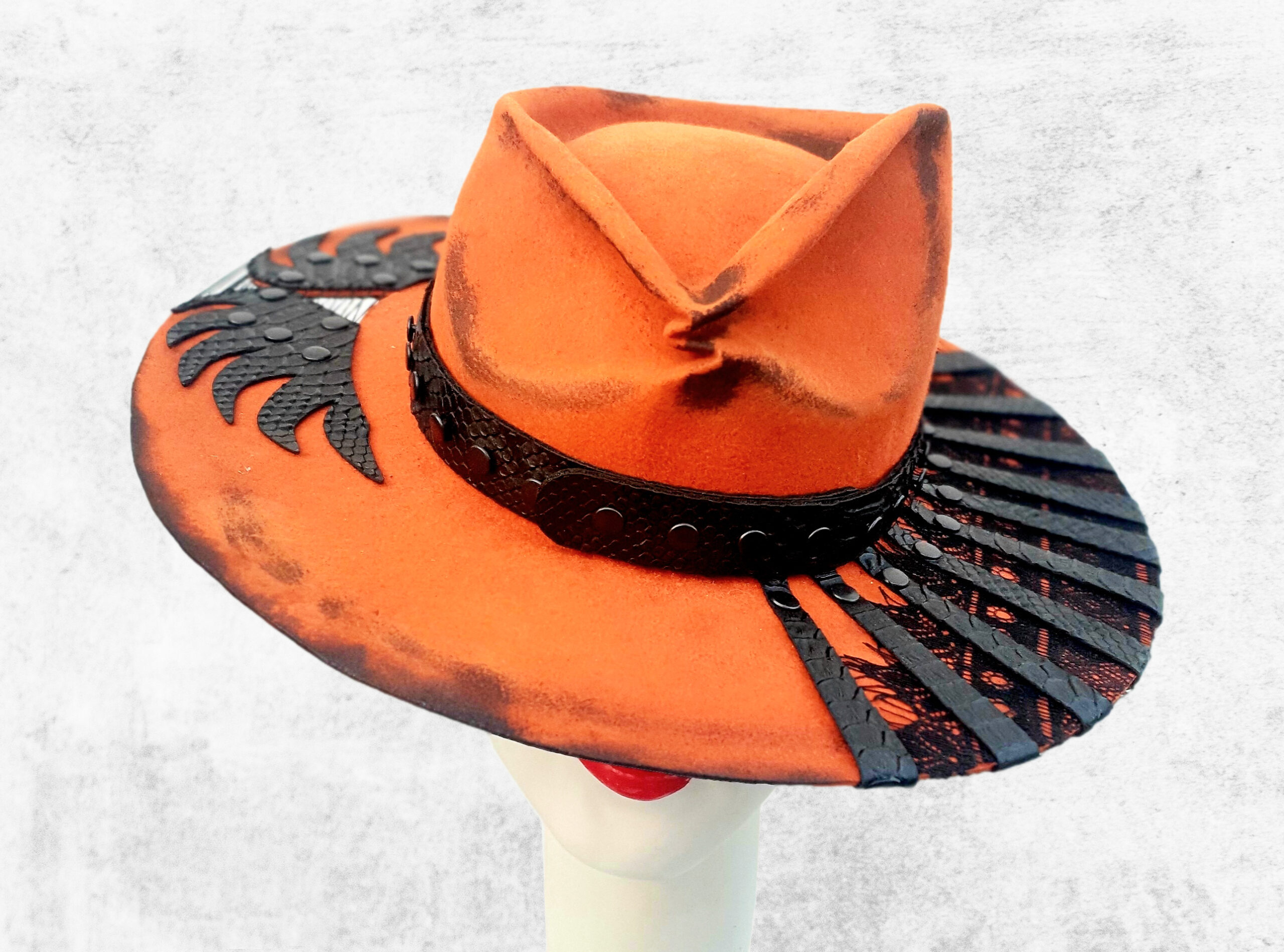 Orange Felt Hat with Black lace and Black Crocko leather - Burnt accents and handmade stitches