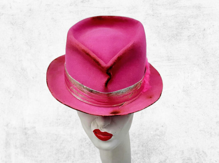 Pink Premium peachbloom felt wool hat with pink feather and natural silver leather