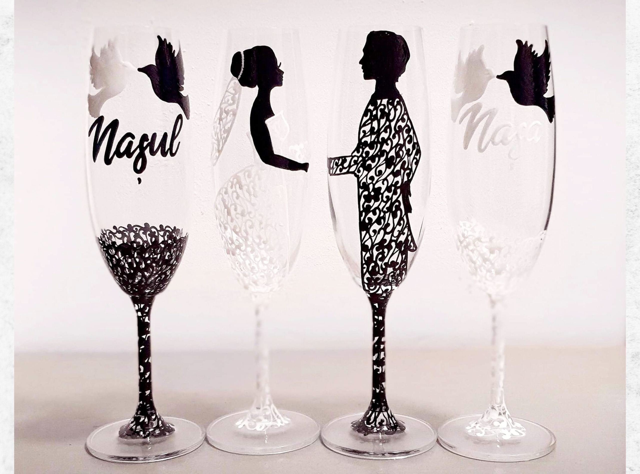 wedding black and white painted glasses with elegant lace
