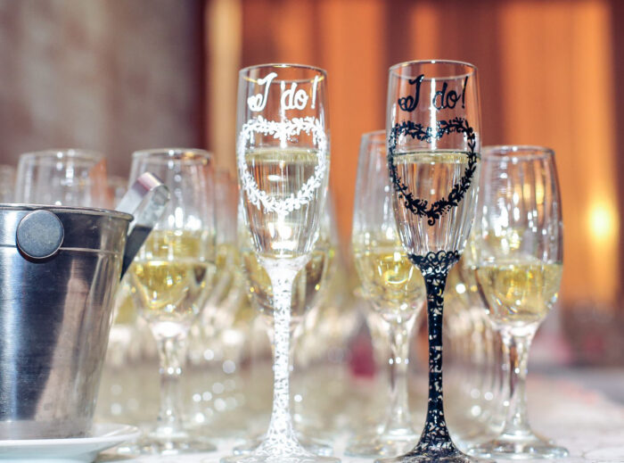 handpainted wedding glasses with I Do message and elegant lace
