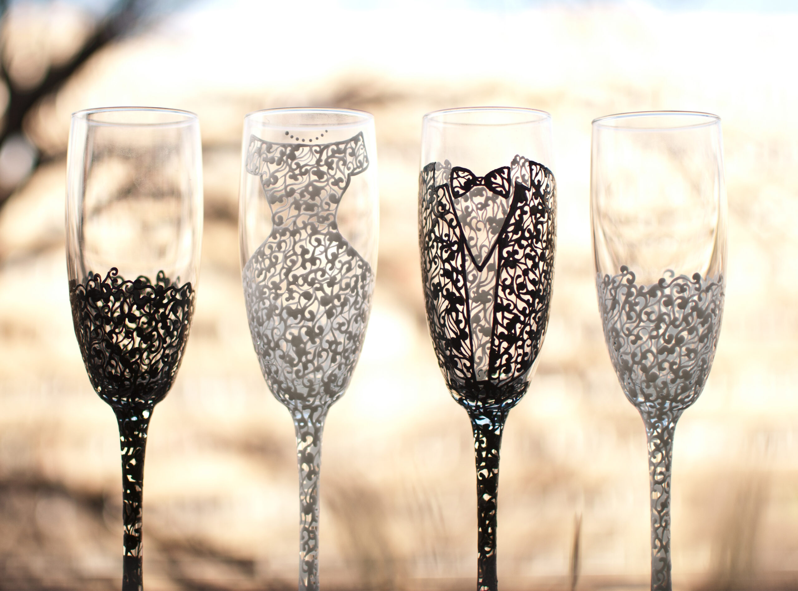 handpainted wedding glasses with lace and groom and bride abstract silhouette black and white