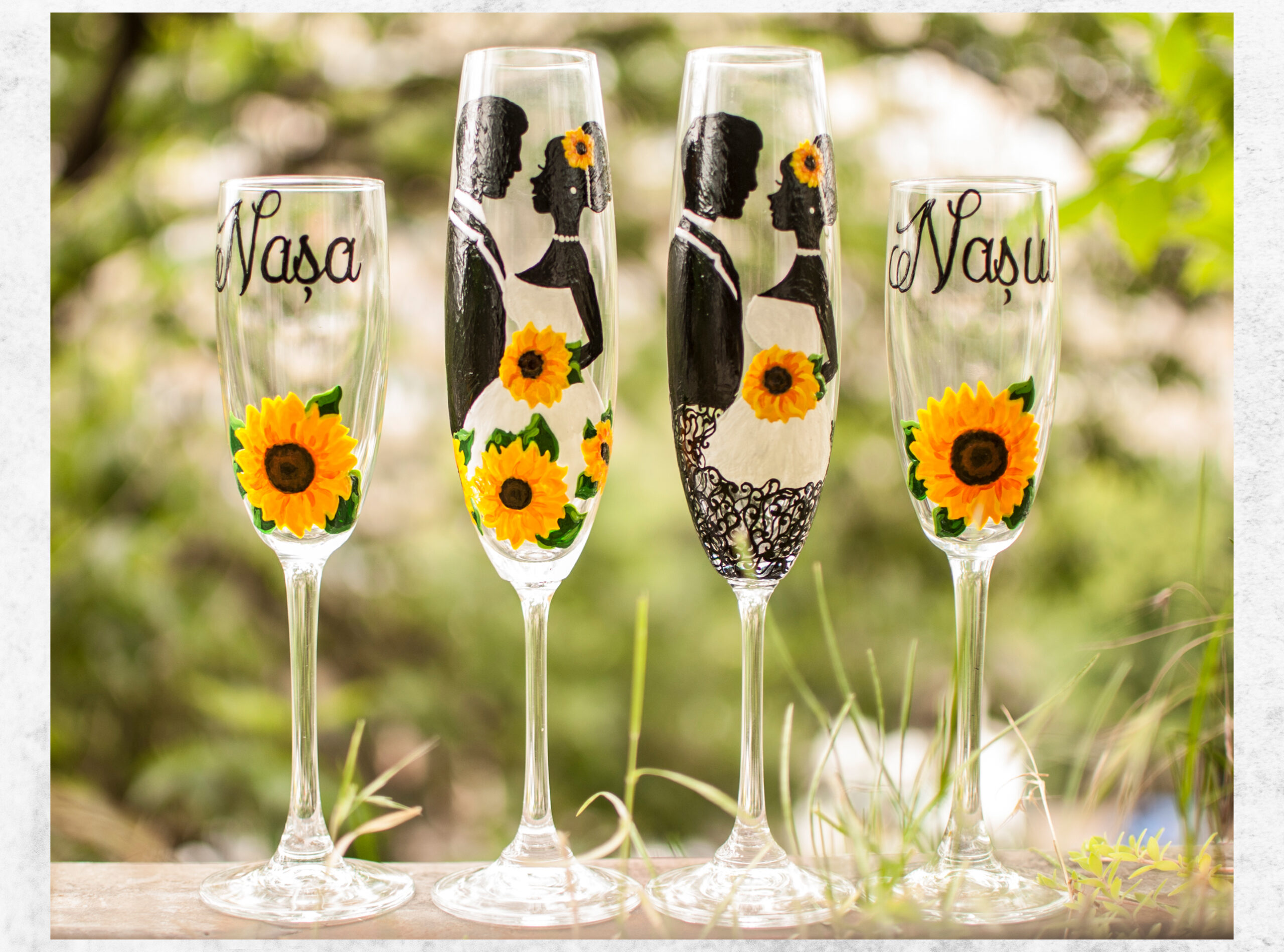 Sunflower painted on bride and groom wedding glasses and silhouetts Sunflower painted on Godmother and God father glasses