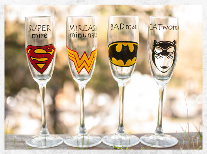 Super woman Super man catwoman Bridal weeding glasses handpainted