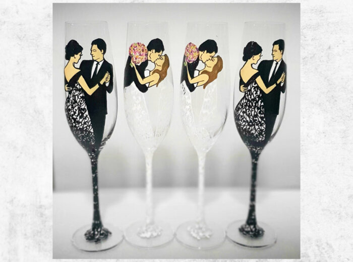 wedding natur handpainted glasses with bridal silhouette and godmother godfather couple