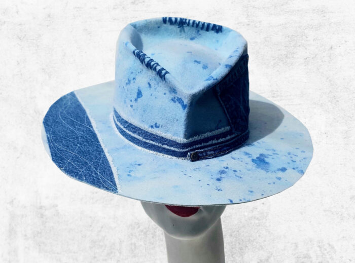 Blue Hat with denim details - handmade stitches