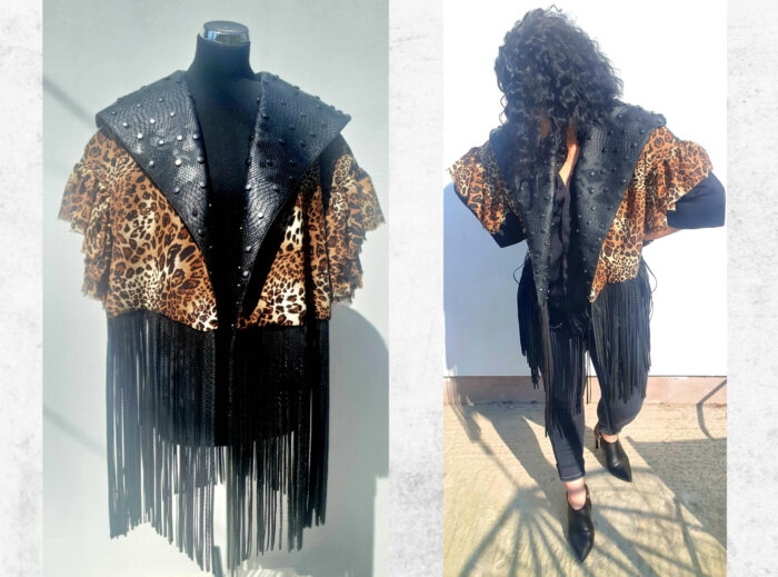 anima print vest with lace, metal stamples, croco leather customized clothing , made to order