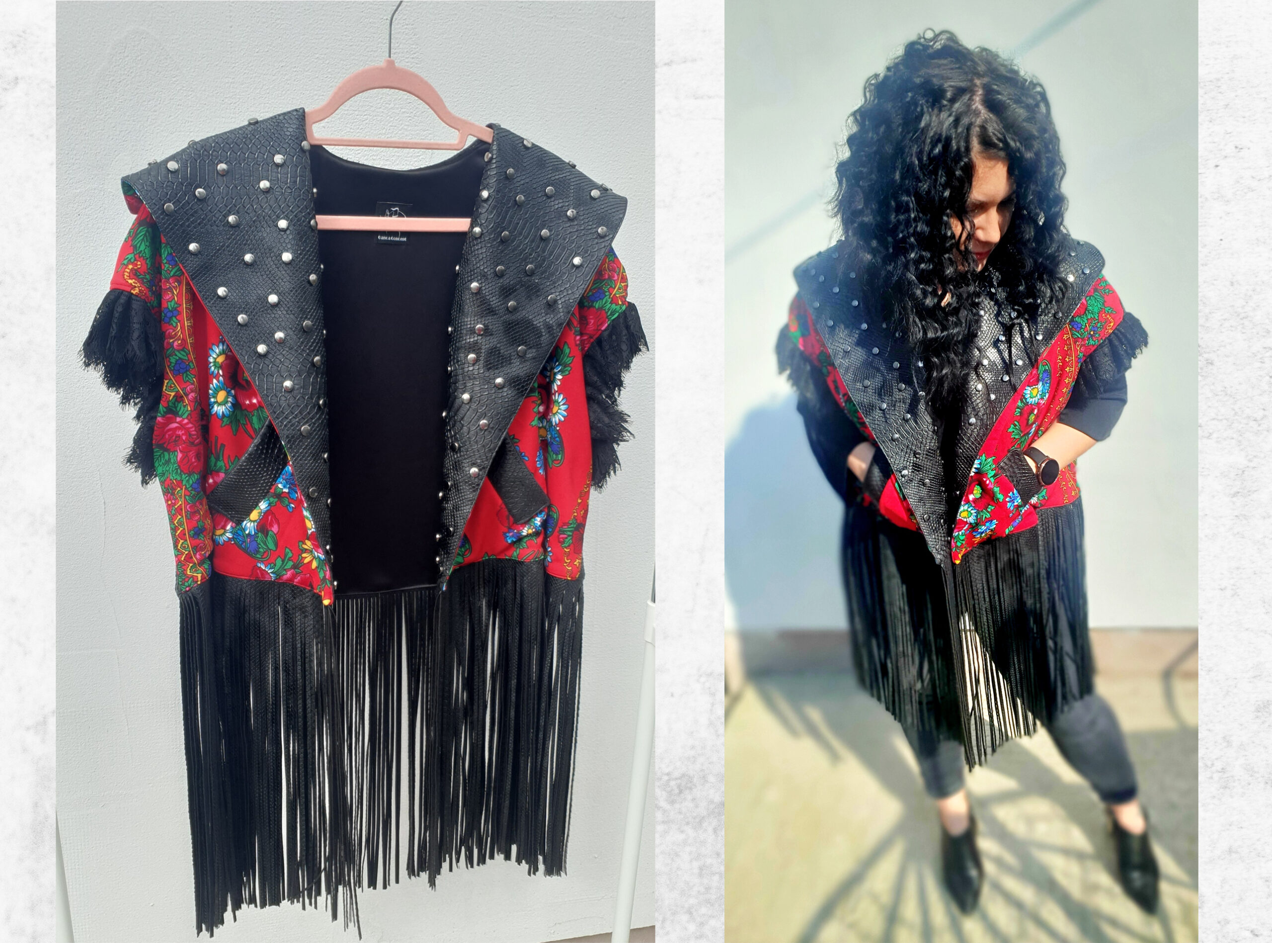 Floral tradiotional gipsy vest with metal stamples, leather and black lace
