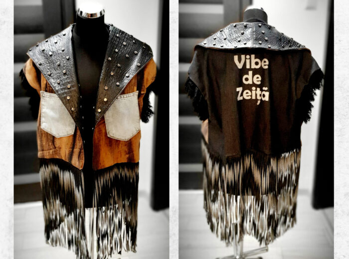 customized vest with message , denim , lace, croco leather, metal stamples and fringe