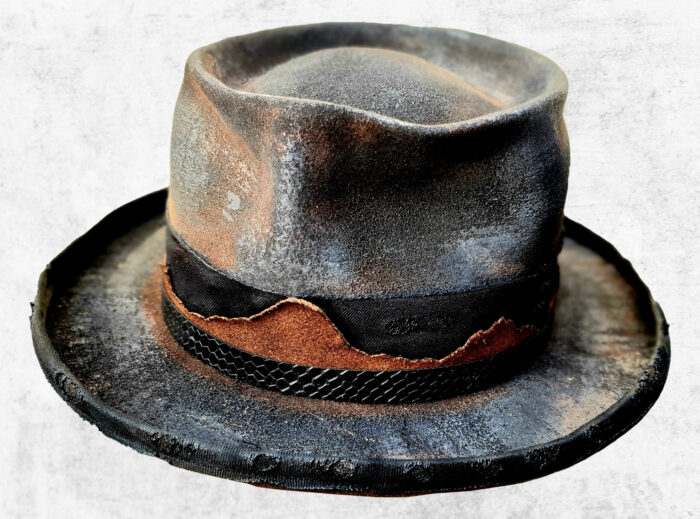 Handmade Vintage man fellt hat with vintage details look, handmade painted and burnt