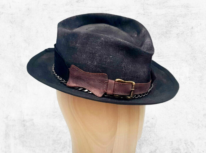 Custom Handmade Hand painted vintage man hat with leather details and small brim