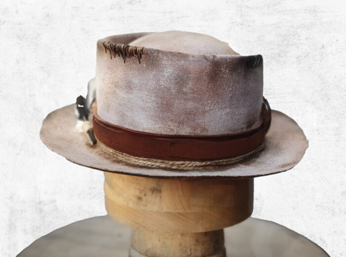Custom handmade hat with vintage deciration , brown natural leather , handpainted and black stitches