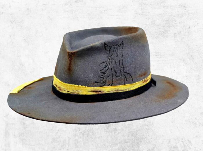 Handmade Custom Grey Wool felt Hat with horse drawing on the crown and yellow details