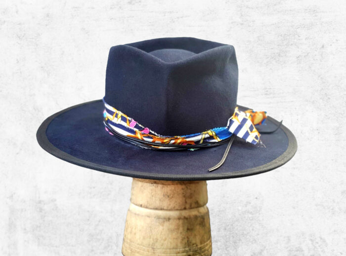 Handmade custom Blue Felt Hat for man with armani textil details