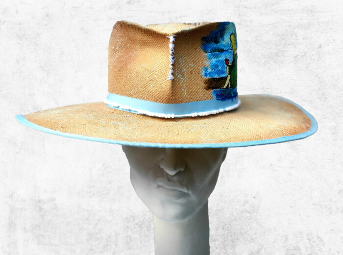 Summer creamy beige Cellulose Hat handpainted with special drawing- beads and blue details