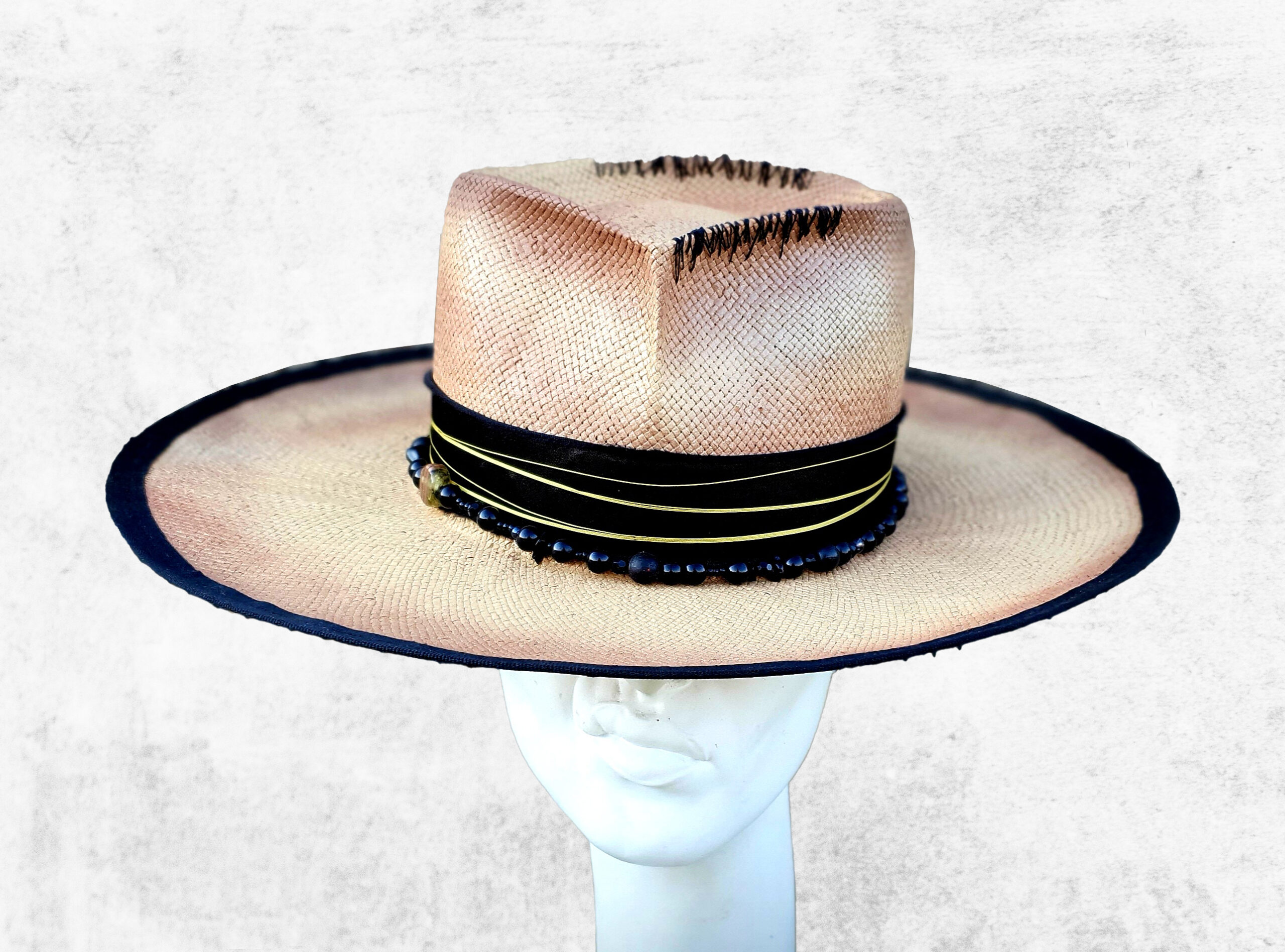handmade custom Beige creamy summer paper celullose Hat with beads details and black stitches