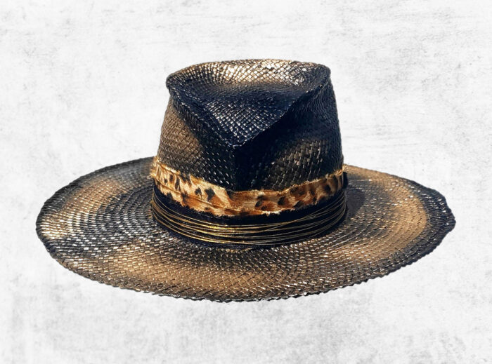 handmade painted black and gold summer wisca hat with animal print details