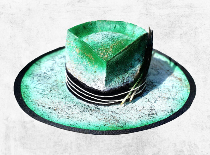 summer green handpainted cellulose hat with feathers painted with gold