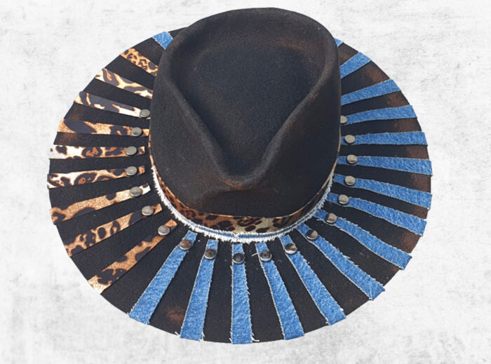 black burnt felt hat with denim jeans details and animal print handmade hat