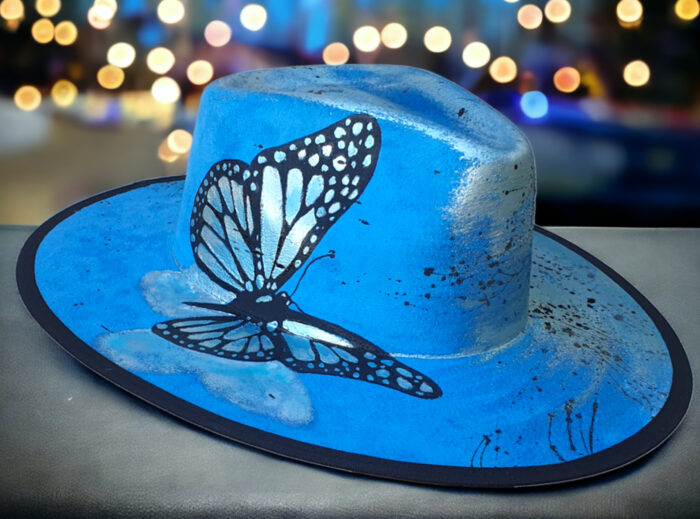 Blue hat handpainted with butterfly and silver details
