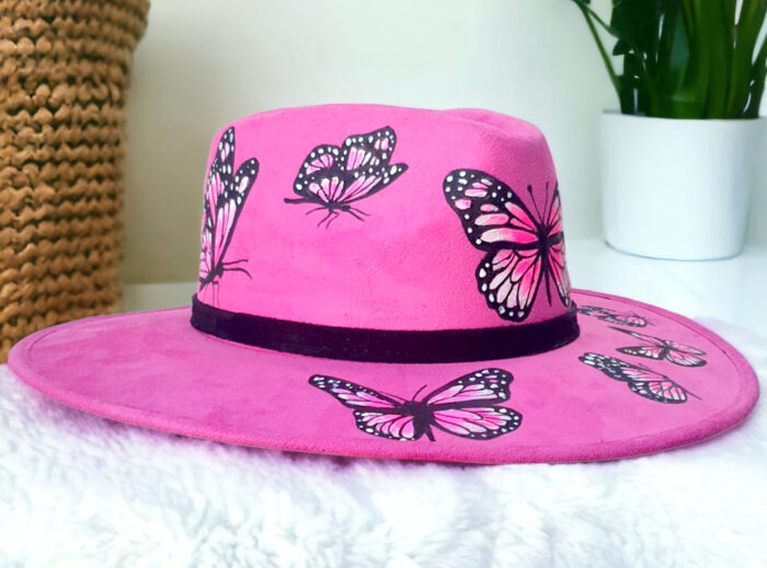 Custom pink handmade hat with butterflys painted