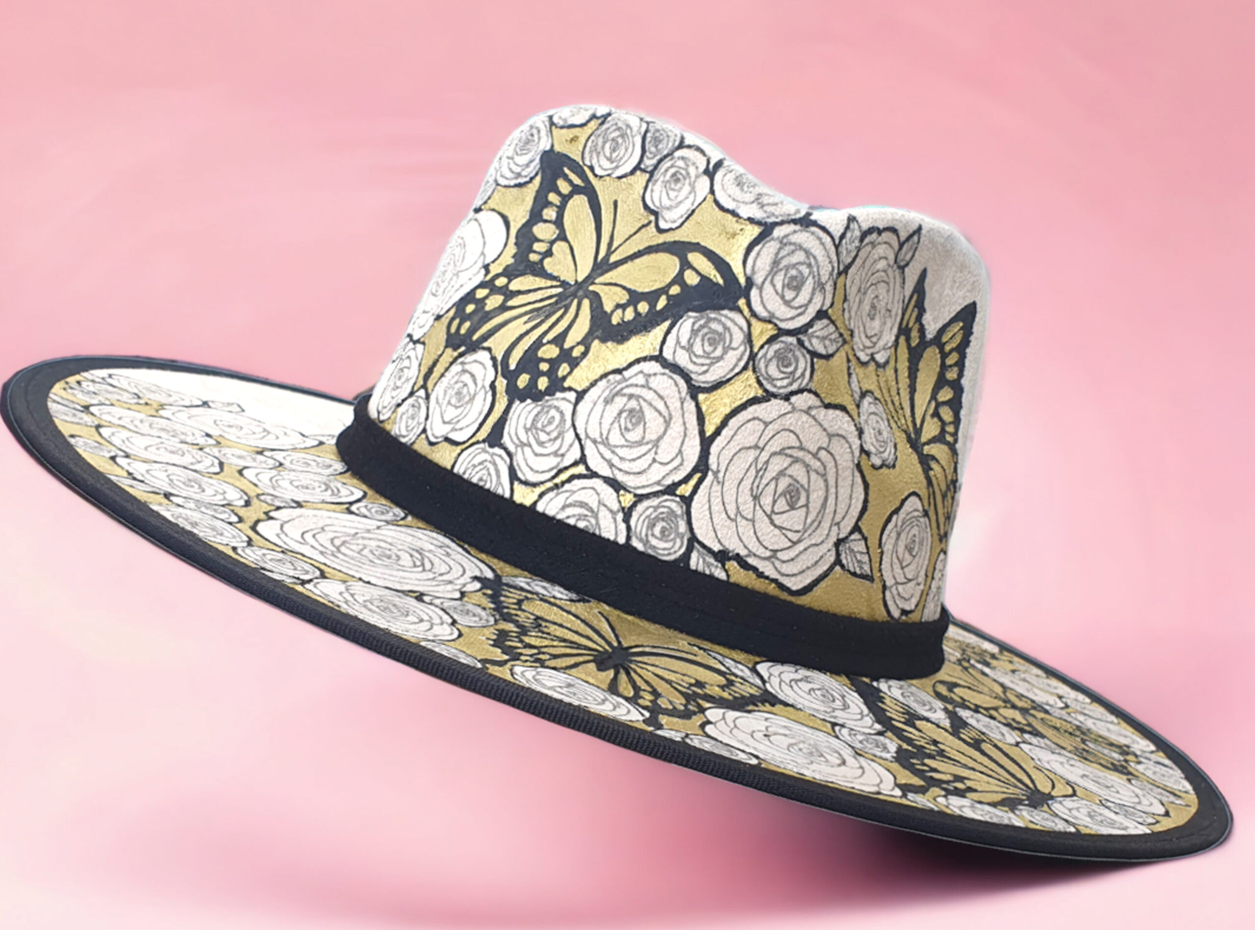 White Hat handpainted with rosses and gold butterflies