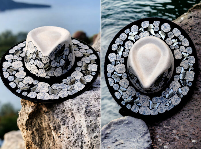White Hat handpainted with black liner rosses