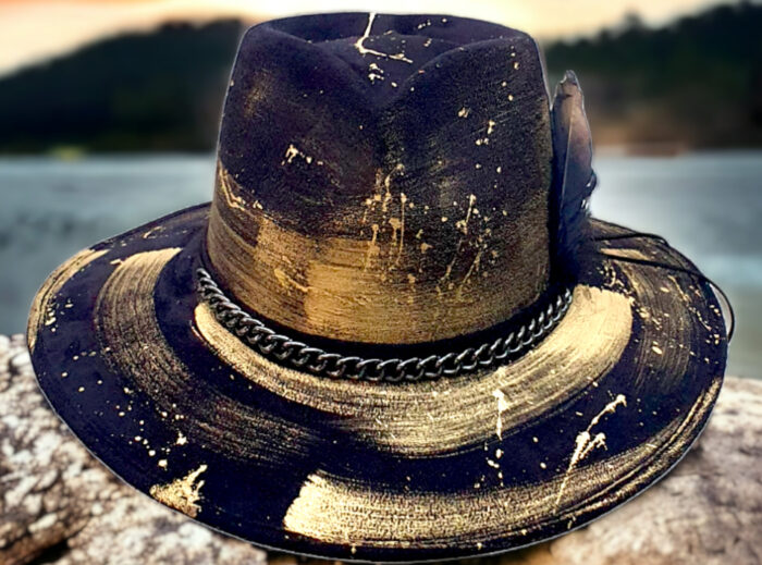black gold special handmade hat with crown heart form and blck chain