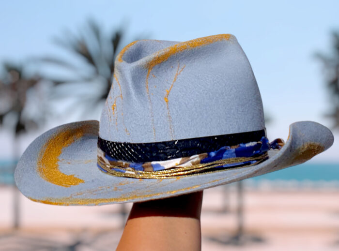 Natural Handmade Felt Blue Hat with Gold painted touches