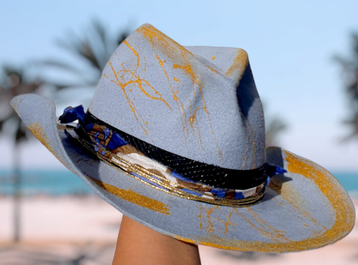 Natural Handmade Felt Blue Hat with Gold painted touches