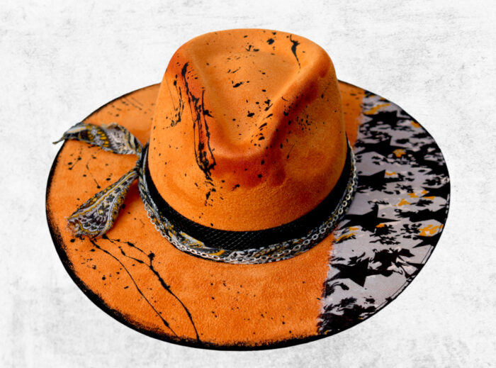 Yellow hat handpainted and customized with cotton colourful fabric and black paint