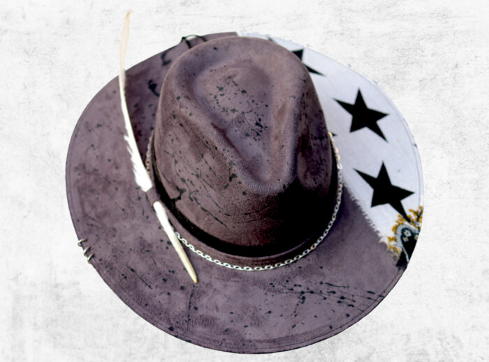 Grey uniQue hat with stars and black painting