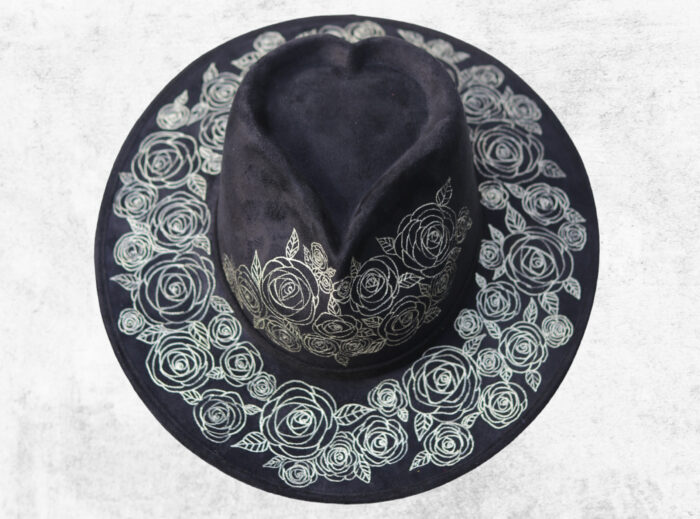 Black hat with heart crown handpainted with gold silver roses