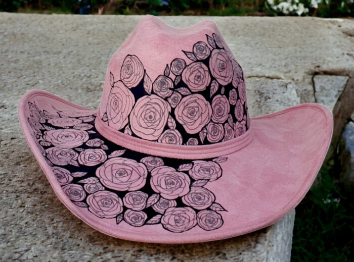 cowboy Pink hat handpainted with blackrosses liner art unique model