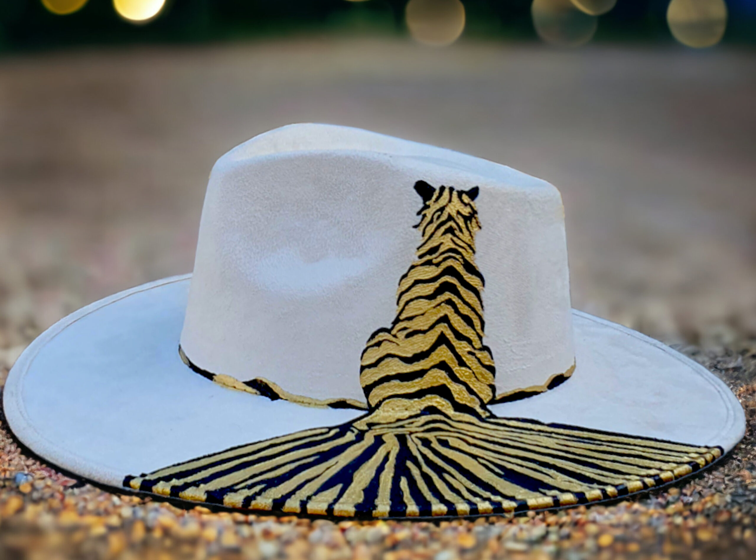 White hat handpainted with gold tiger and blck lines tiger