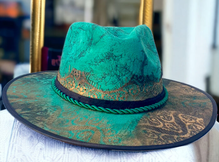 Turqouise Green Hat handpainted with gold Lace and black lace