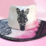 Whitw pink handpainted zebra hat with black lace and painted details