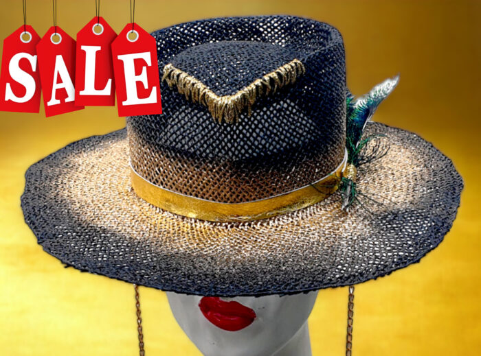 suummer black gold sinamay hat handmade handpainted