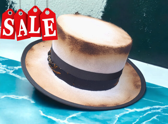 white burnt canotier hat with black and blue crown decor