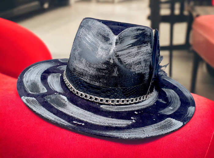 black and silver handpainted hat with silver chain and croco leather cool crown design